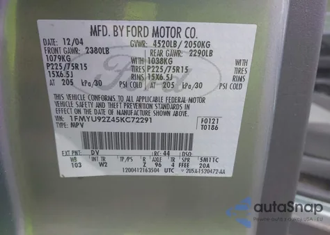 2005 Ford Escape Xls из США, поврежденный, VIN 1FMYU92Z45KC72291